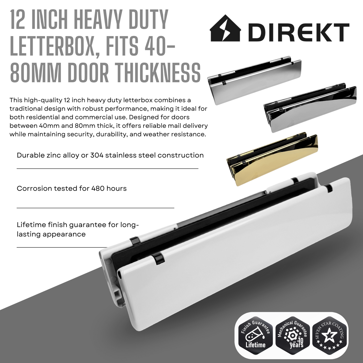 Direkt 12 Inch Heavy Duty Letterbox – Fits 40-80mm Door Thickness, Durable & Secure Mail Slot
