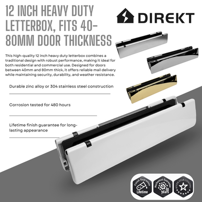 Direkt 12 Inch Heavy Duty Letterbox – Fits 40-80mm Door Thickness, Durable & Secure Mail Slot